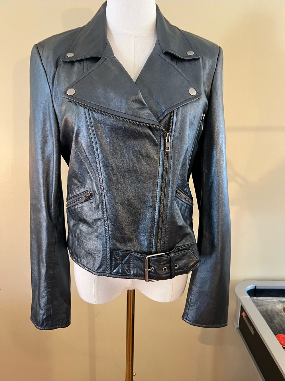 Women's Hematite/Dark Silver/Pewter Metallic Real Leather Moto Jacket